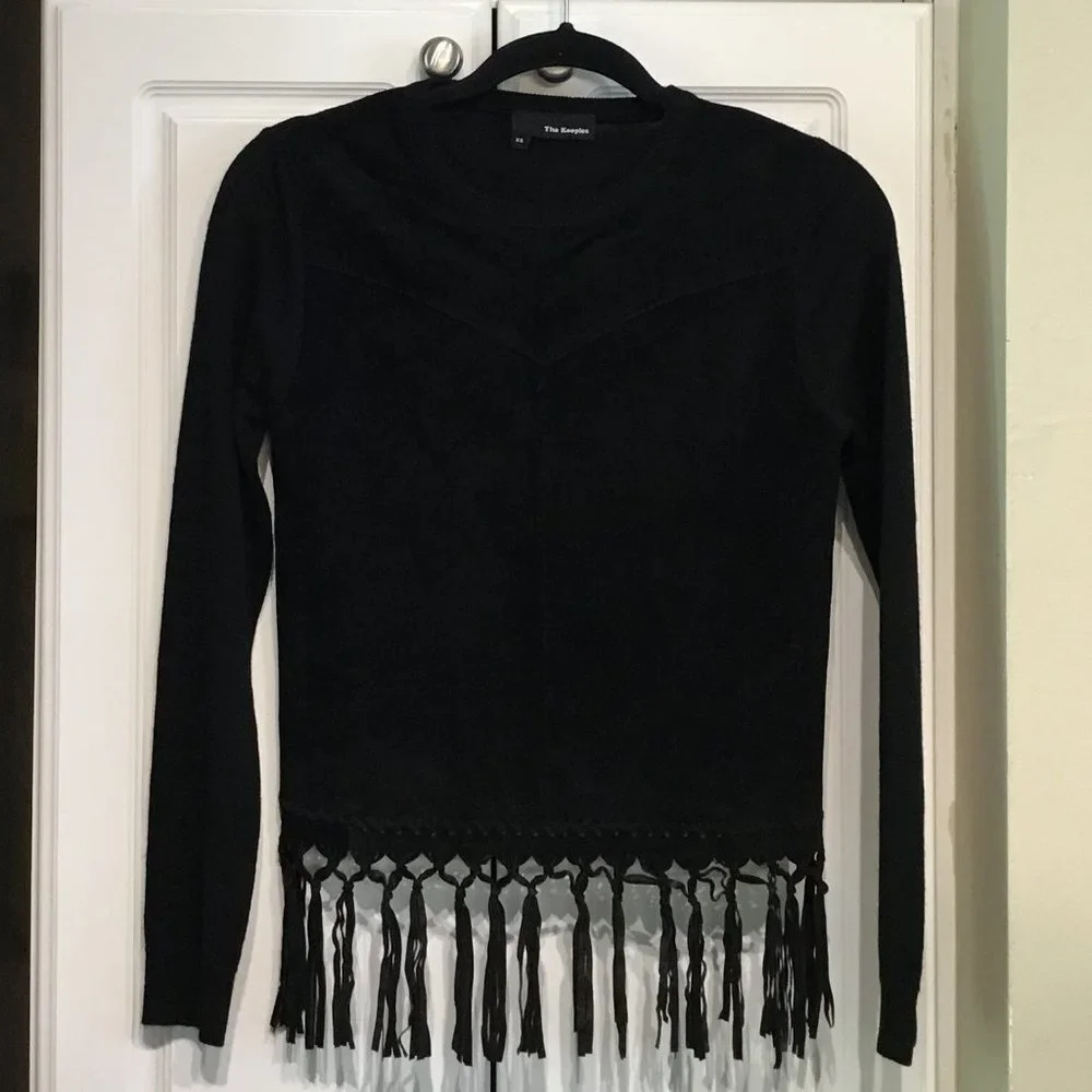 The Kooples Black Suede & Wool Top w/Front Fringe - Picture 1 of 4